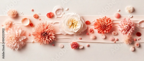 Delicate pastel flowers arranged on a textured ribbon with small floral accents and cosmetic cream smears.