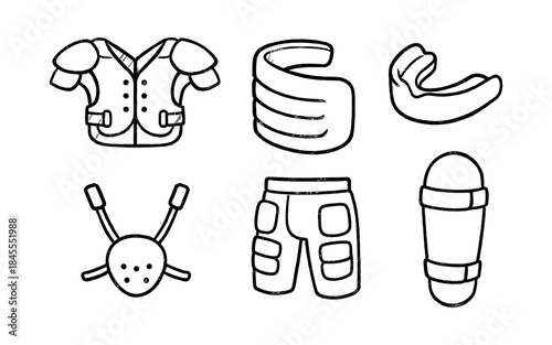 Collection of hand-drawn sports protective gear and equipment icons