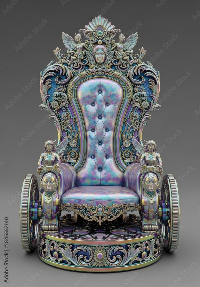 Fototapeta premium Antique Thai style golden royal throne armchair in an old Buddhist temple, a piece of Asian religious furniture art