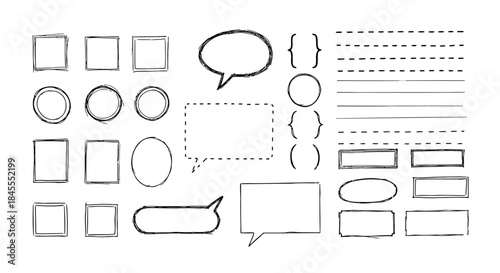 Collection of various speech bubbles, thought bubbles, and text box shapes in black and white