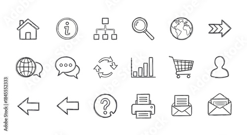 Set of icons representing various functions and actions such as home, search, and communication