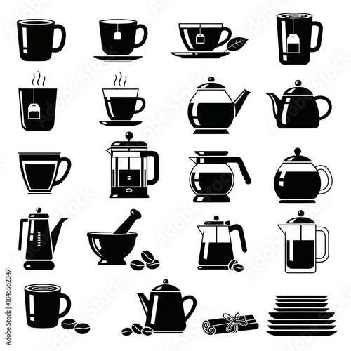 Black and white illustration of various coffee and tea utensils including cups, teapots, and coffee makers