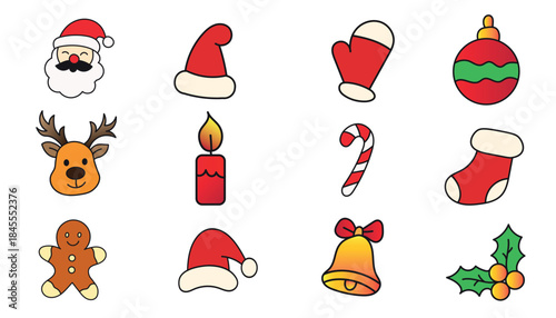 A set of cute Christmas holiday cartoon icons including Santa, reindeer, stocking, candy cane, bell, holly, and gingerbread man.