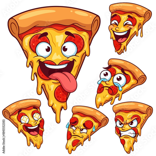 Funny cartoon pizza slices with expressive faces, smiling, crying, and laughing, colorful and playful