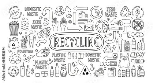 Black and white illustration of various recycling symbols and ecofriendly items