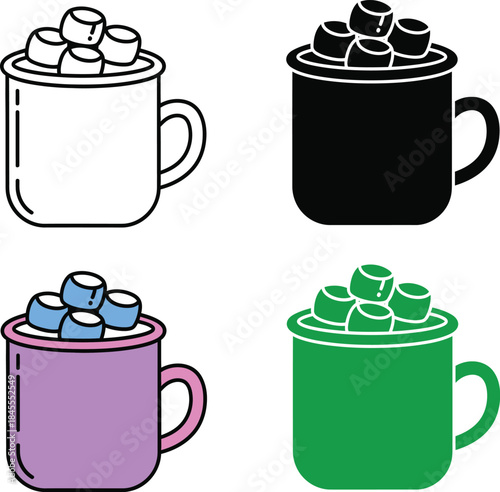 Four stylized mugs filled with colorful marshmallows in different colors and styles