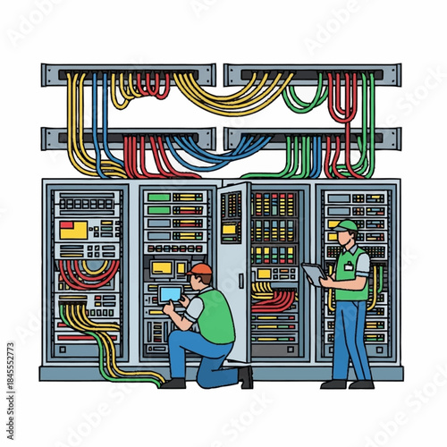 Two IT technicians working on server racks in a data center.