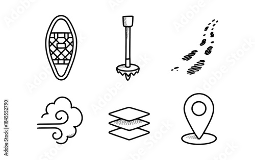 Winter outdoor activity icons: snowshoe, trekking pole, footprints, wind, layers, and location pin
