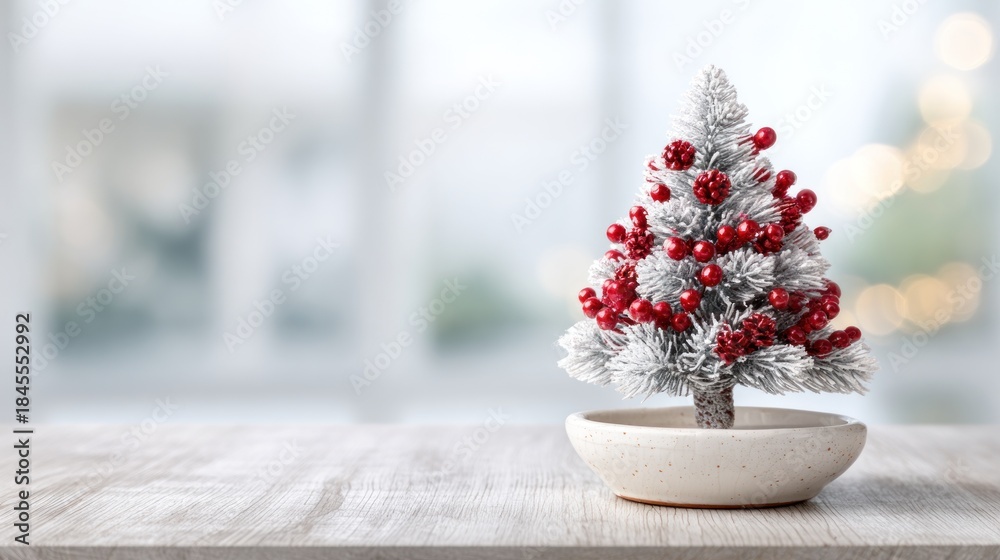 Fototapeta premium A small, white, snowy Christmas tree with red berries on a wooden table in front of a window with a blurred background.