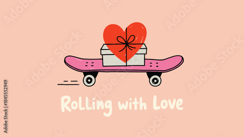 A pink skateboard with a white gift box and red heart on top rolls along a pastel background with love text
