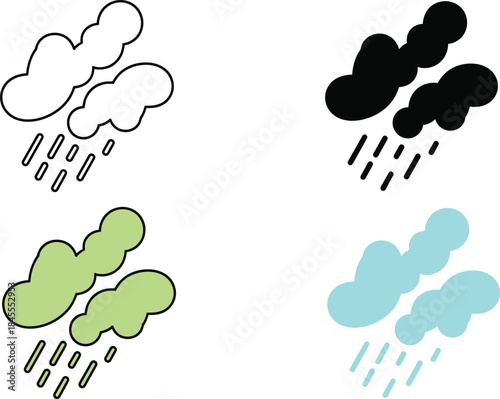 Four stylized rain cloud with falling raindrops in black white green and blue