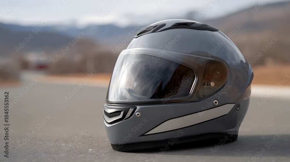 Fototapeta premium A grey motorcycle helmet rests on an asphalt road with a blurred mountainous landscape in the background