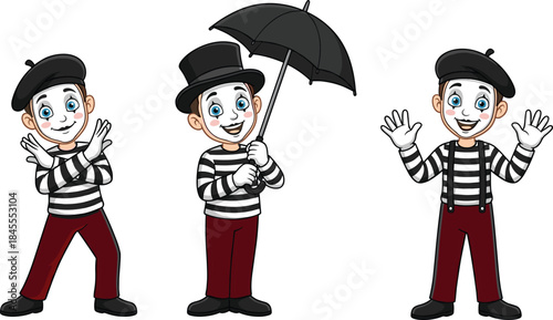 Cute cartoon mime character set with different poses, smiling face, striped costume, beret hat, umbrella, isolated  cartoon mime character set with different poses, smiling face, strip
