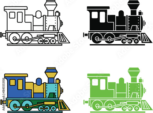 Four stylized train in black and white and full color locomotive