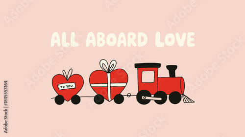 A playful illustration of a small red train with heart shaped cars and a gift on a pink background for valentine's day
