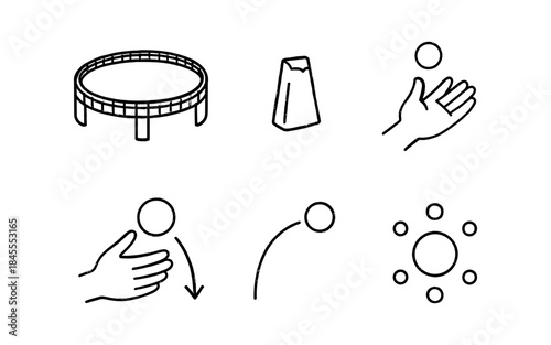Set of simple line icons depicting elements of a circus performance and juggling