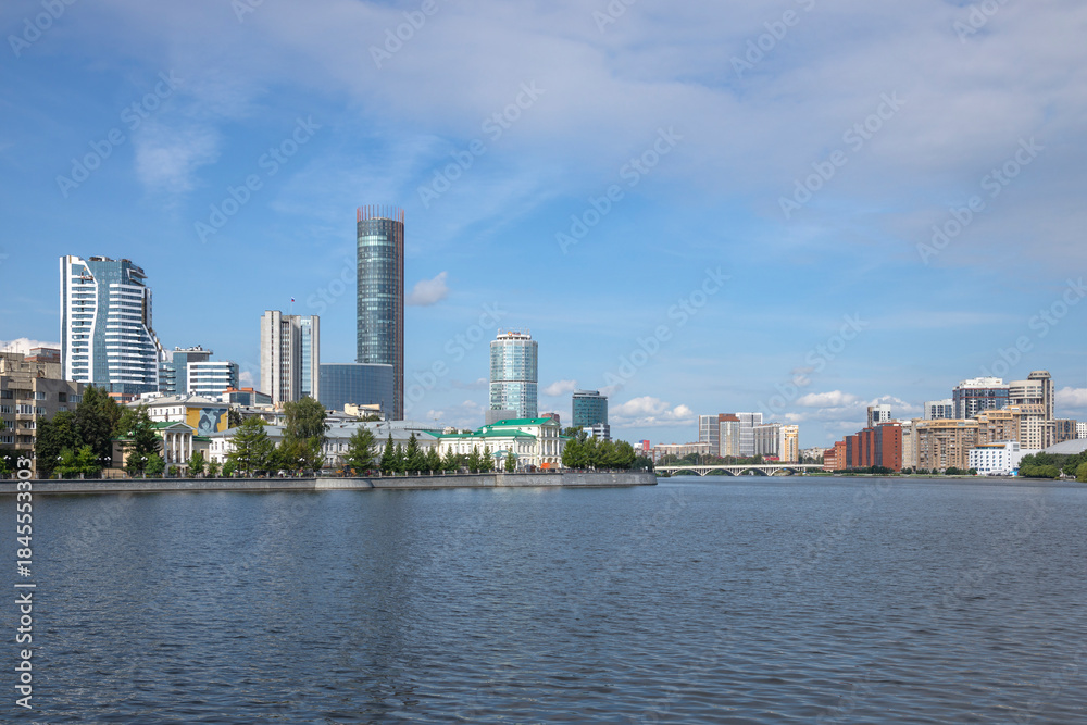 Obraz premium Modern high-rise buildings on the Iset embankment. Yekaterinburg