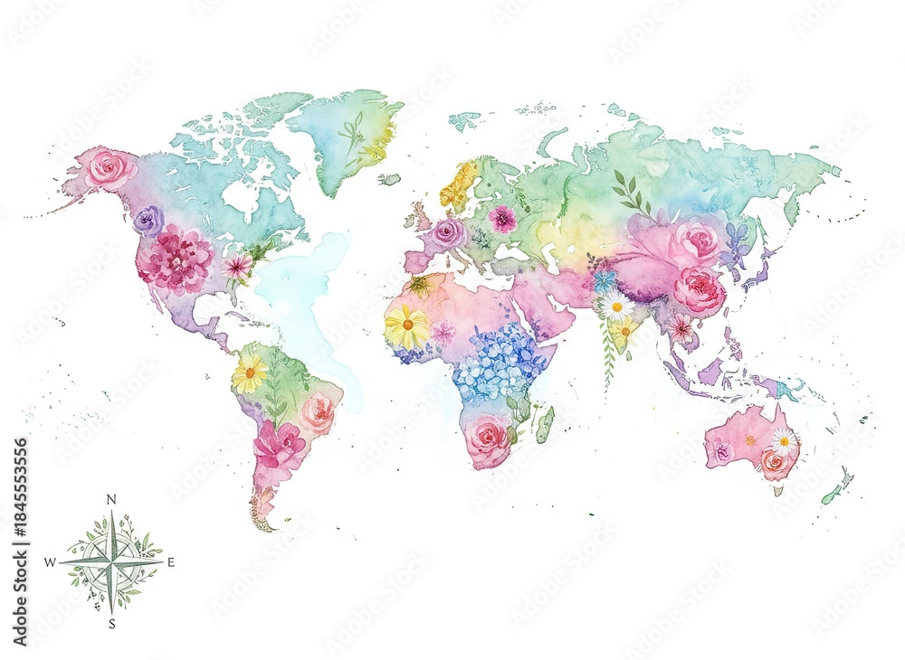 Fototapeta premium Artistic Watercolor World Map Decorated with Colorful Flowers and Botanical Elements on a White Background with a Compass Rose Detailed Illustration