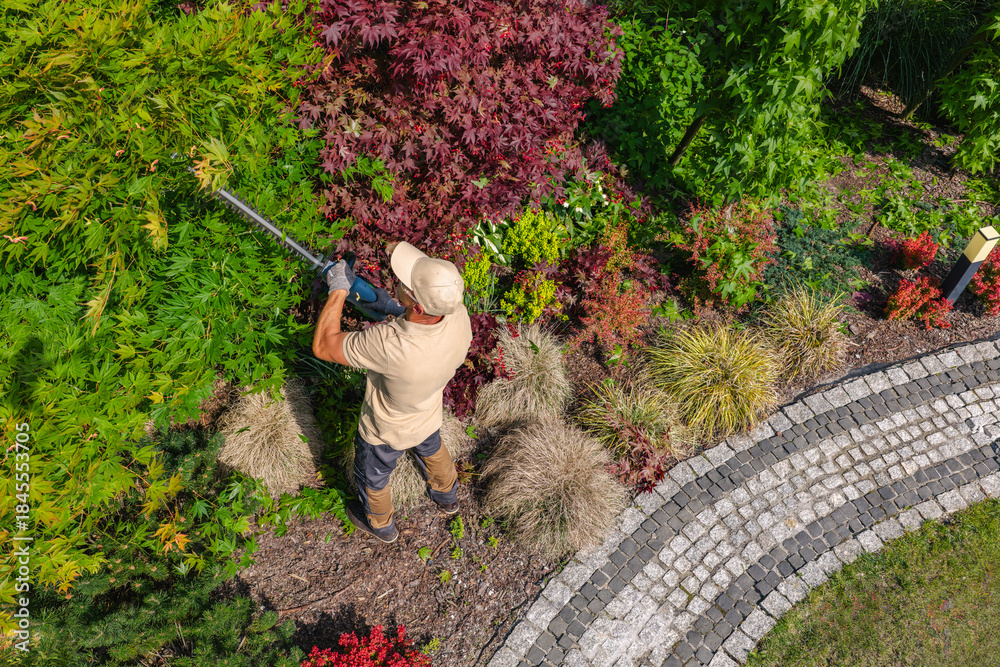 Fototapeta premium Gardener Trims Bushes in Colorful Garden During Daytime