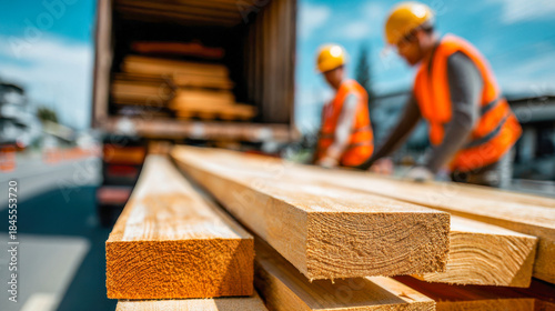 Construction workers unload wooden beams from a delivery truck on a sunny day at a work site near the city