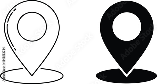 Two Location Pin Icons, One in Outline Style, One Solid Fill