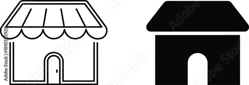 Two Shop Icons One Detailed Outline, One Solid Black Minimalist Building Representation