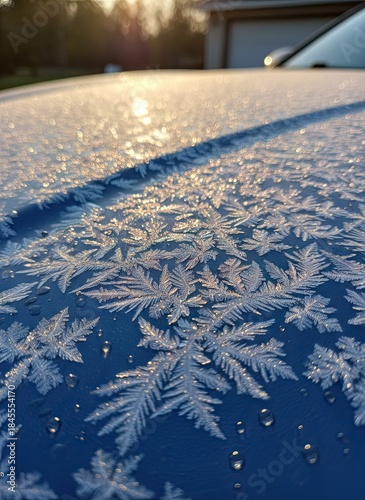 Close up Macro Shot Of Intricate Frost Patterns On A Blue Car Hood During Golden Hour Sunrise With Sparkling Ice Crystals And Water Droplets
