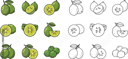 Green and white citrus fruits and kiwis in various stages of being sliced and whole