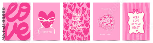 Valentine’s Day greeting card set with hand drawn pink hearts, handwritten love phrases, bow, cake, whimsical frame. Modern romantic template for poster, invitation, branding, banner, cover, ads