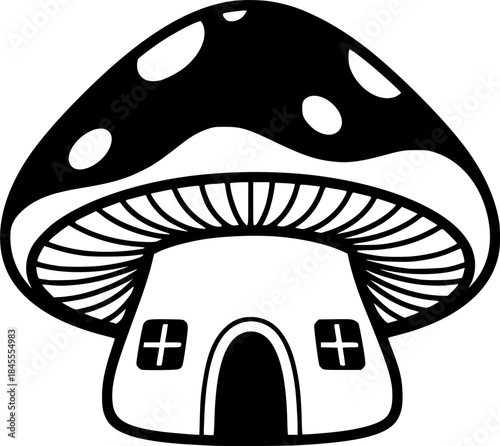 Mushroom House Vector Illustration Black and White Outline Cottagecore Design for Coloring Book
