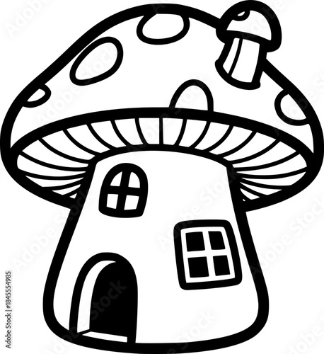 Mushroom House Vector Illustration Black and White Outline Cottagecore Design for Coloring Book
