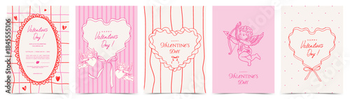 Valentine’s Day card or poster set with Cupid, bows, hearts and coquette ribbon frames in vintage line art style. Romantic template for celebration,  invitation, menu, branding, cover, label