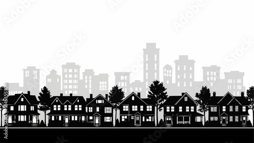 Row of houses in a suburban neighborhood with city skyline in background.