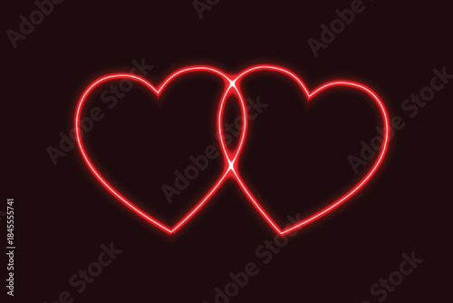 Two glowing red neon hearts on a black background, a symbol of love.