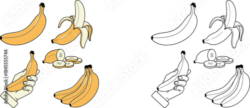 Hand peeling and slicing yellow and white bananas with banana slices on a table