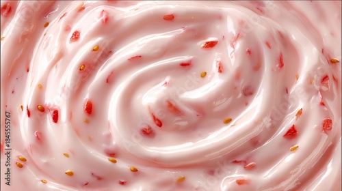 macro shot of the surface of strawberry yogurt speckled with small pieces of fruit. The pink and red hues are soft and inviting. The texture is smooth, demonstrating a delicious and healthy 