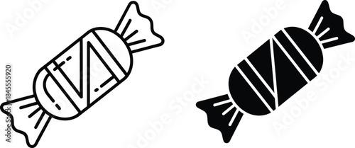 Line and solid black of a wrapped candy with twisted ends sweet treat line black and white
