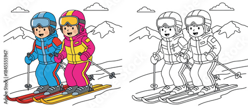 Cute cartoon kids skiing downhill with coloring book page outline. Winter sport vector illustration for children.