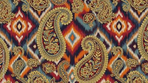 Intricate Paisley Pattern with Vibrant Ikat Geometric Background.