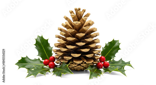 A pine cone with holly leaves and red berries on a white background.