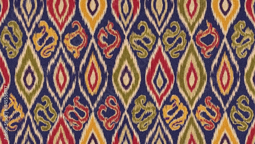 Intricate Ikat Fabric Pattern with Geometric and Organic Motifs.