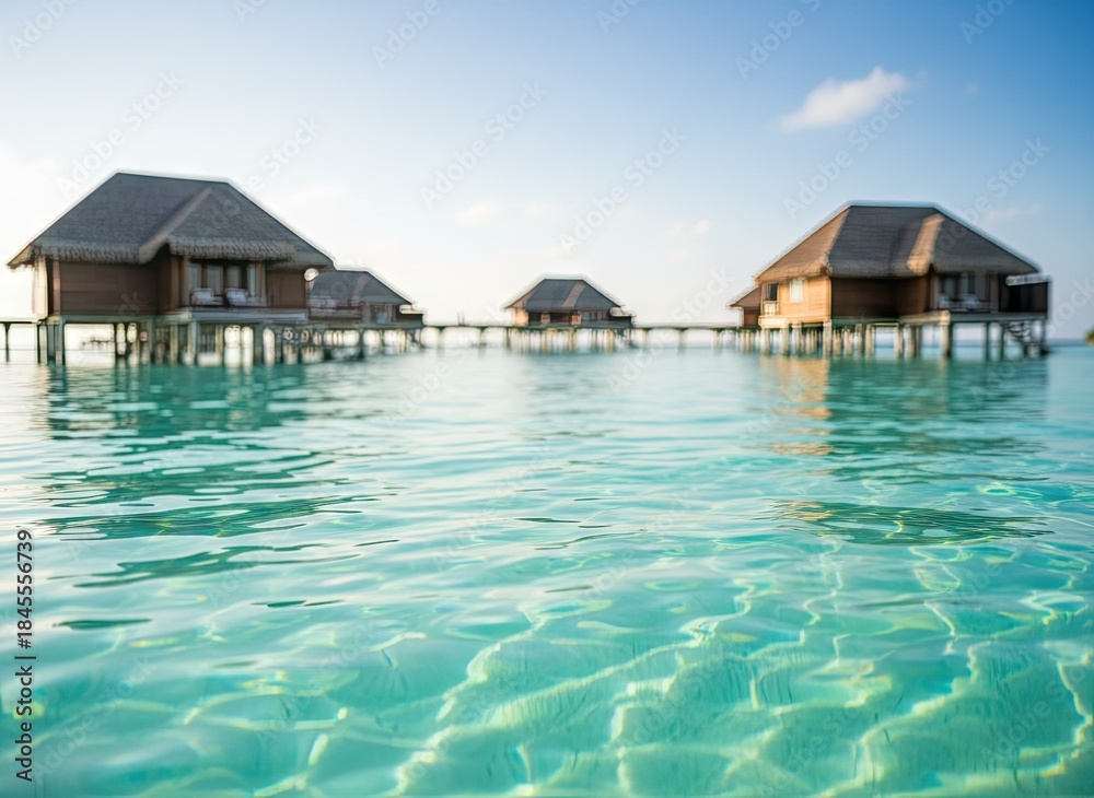 Fototapeta premium Serene Overwater Bungalows on Crystal Clear Turquoise Water Under a Bright Sunny Sky