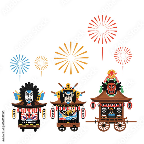 Three wheeled floats with decorated faces and fireworks perfect for carnival or celebration event designs, party invitations, and festive graphics.