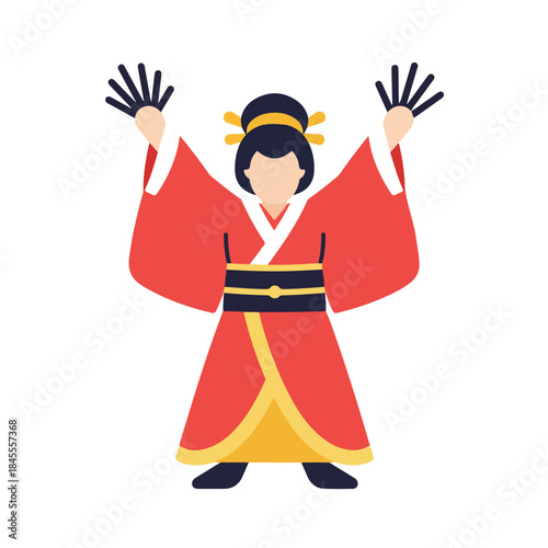 Woman in red robe gracefully holds fans above head. Suitable for fashion or cultural concepts, representing elegance and beauty.