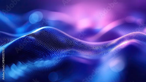 Digital wave particles are forming a shimmering abstract network background, visualizing interconnected data and innovative technology concepts in vibrant blue and purple light