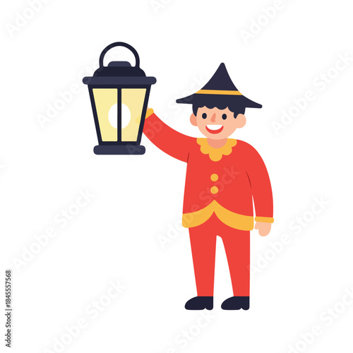 Smiling man in costume with lantern, providing light. Suitable for halloween, costume parties, theatrical event promotions, and festive designs.