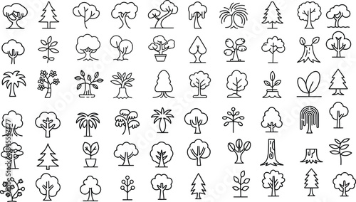 Tree Line Icon Set with Oak, Pine, Palm, Maple, Birch, Apple Tree, Coconut Tree, Christmas Tree, Bonsai and Forest Tree. Outline Vector Icons