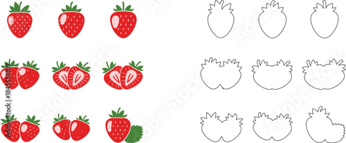 Red and white strawberries with green leaves in various stages of being cut in half