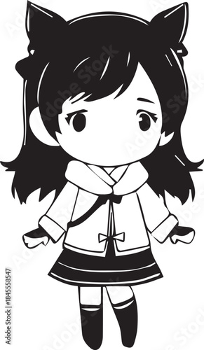 Cute cartoon illustration vector drawing of a smiling little girl with her cat and dog characters enjoying their childhood