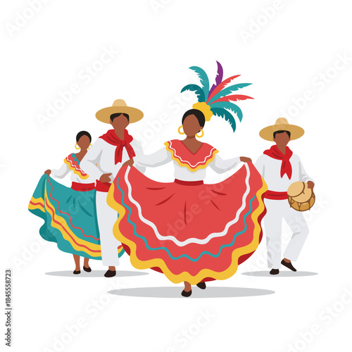 Cultural celebration with dancers in traditional attire playing music. Perfect for cultural events, festivals, travel brochures, and diversity concepts.